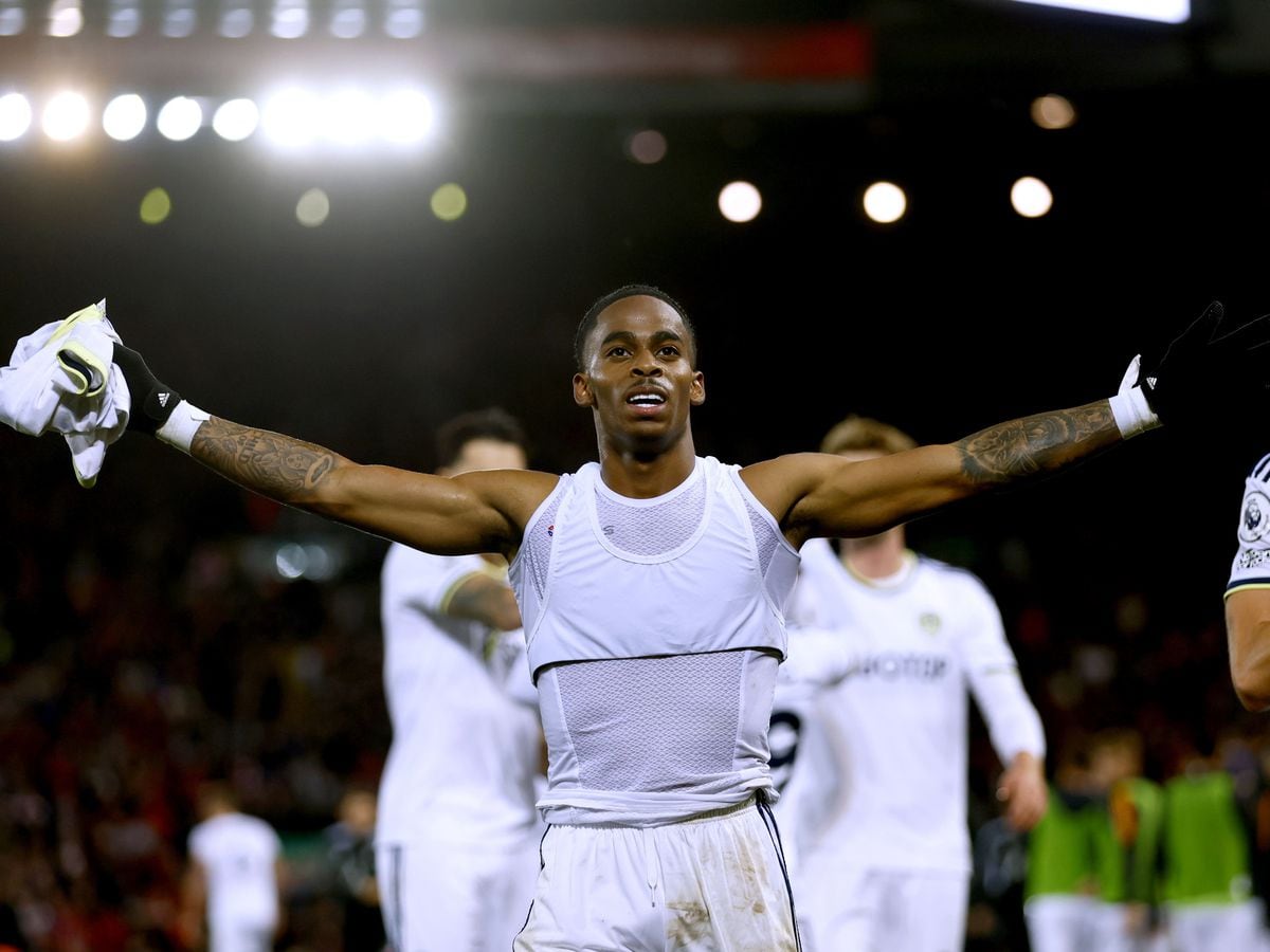  Crysencio Summerville celebrates after scoring a goal during a soccer match at Elland Road.