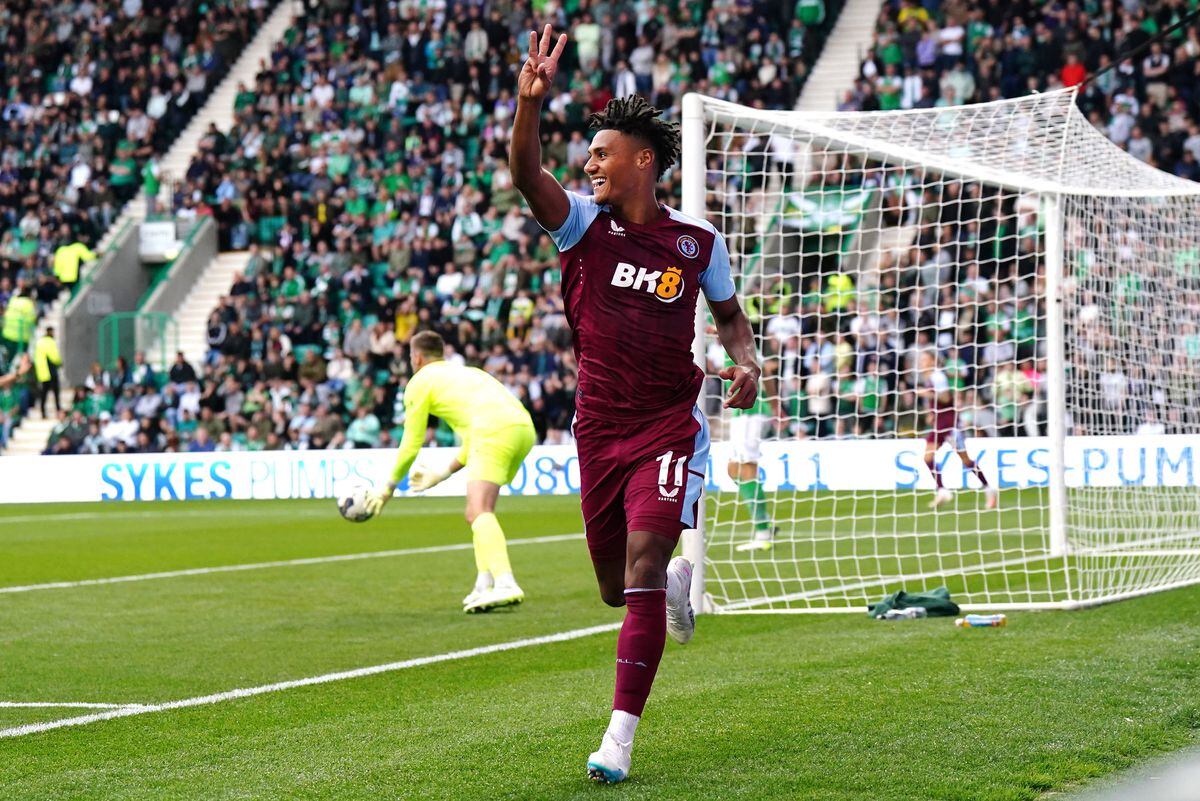

Aston Villa's Ollie Watkins celebrates scoring their side's fourth goal of the game and hat-trick during the first leg of the UEFA Europa Conference League play off match at Easter Road, Edinburgh. Picture date: Wednesday August 23, 2023. PA Photo. See PA story SOCCER Hibernian. Photo credit should read: Jane Barlow/PA Wire.

RESTRICTIONS: Use subject to 
restrictions. Editorial use only, no commercial use without prior consent from rights holder.

