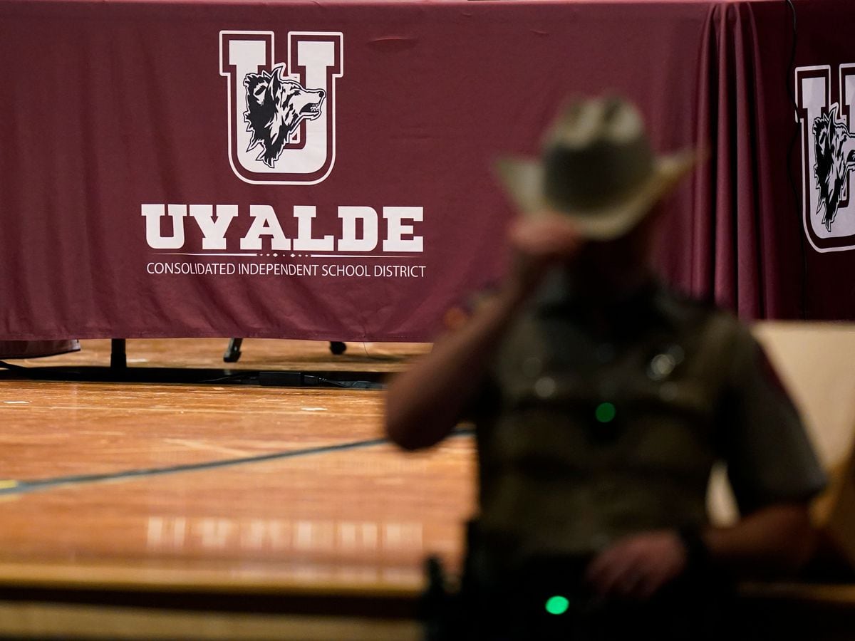 Texas Department of Safety Troopers stand by for a meeting of the Board of Trustees of Uvalde Consolidated Independent School District