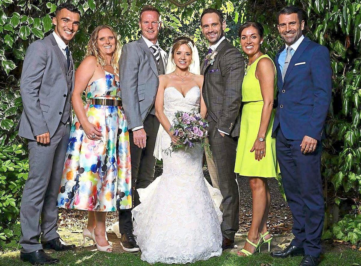 At his wedding to Sarah-Jane Honeywell with Jody and Shelley Craddock and former Southampton star Francis Benali with wife Karen and son Luke