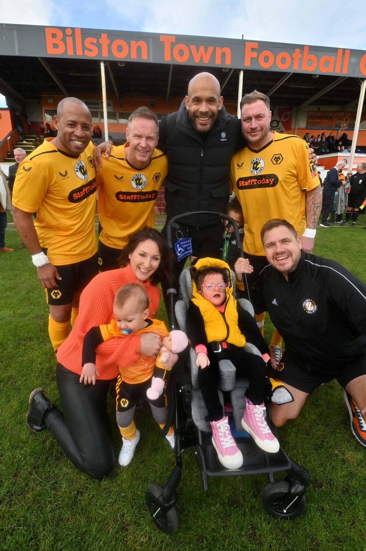 At the Wolves All Stars match: Jason Guy with wife Aimee Guy and children, Jonas Guy and Olivia Guy. The charity game is inspired by Olivias health battles. At the back are ex-Wolves players Matt Hill, Jody Craddock, Matt Murray and Adam Proudlock.