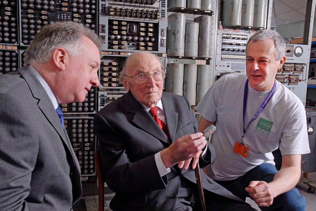 Sir Maurice Wilkes, centre, at the National Museum of Computing, Bletchley Park, in 2009. Picture: John Robertson