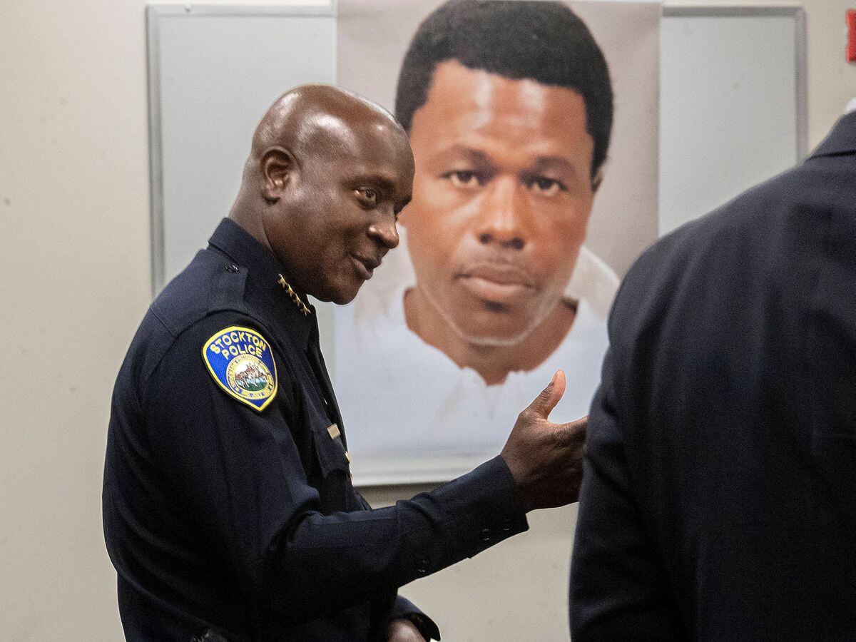 Stockton Police Chief Stanley McFadden speaks at a news conference about the arrest of Wesley Brownlee