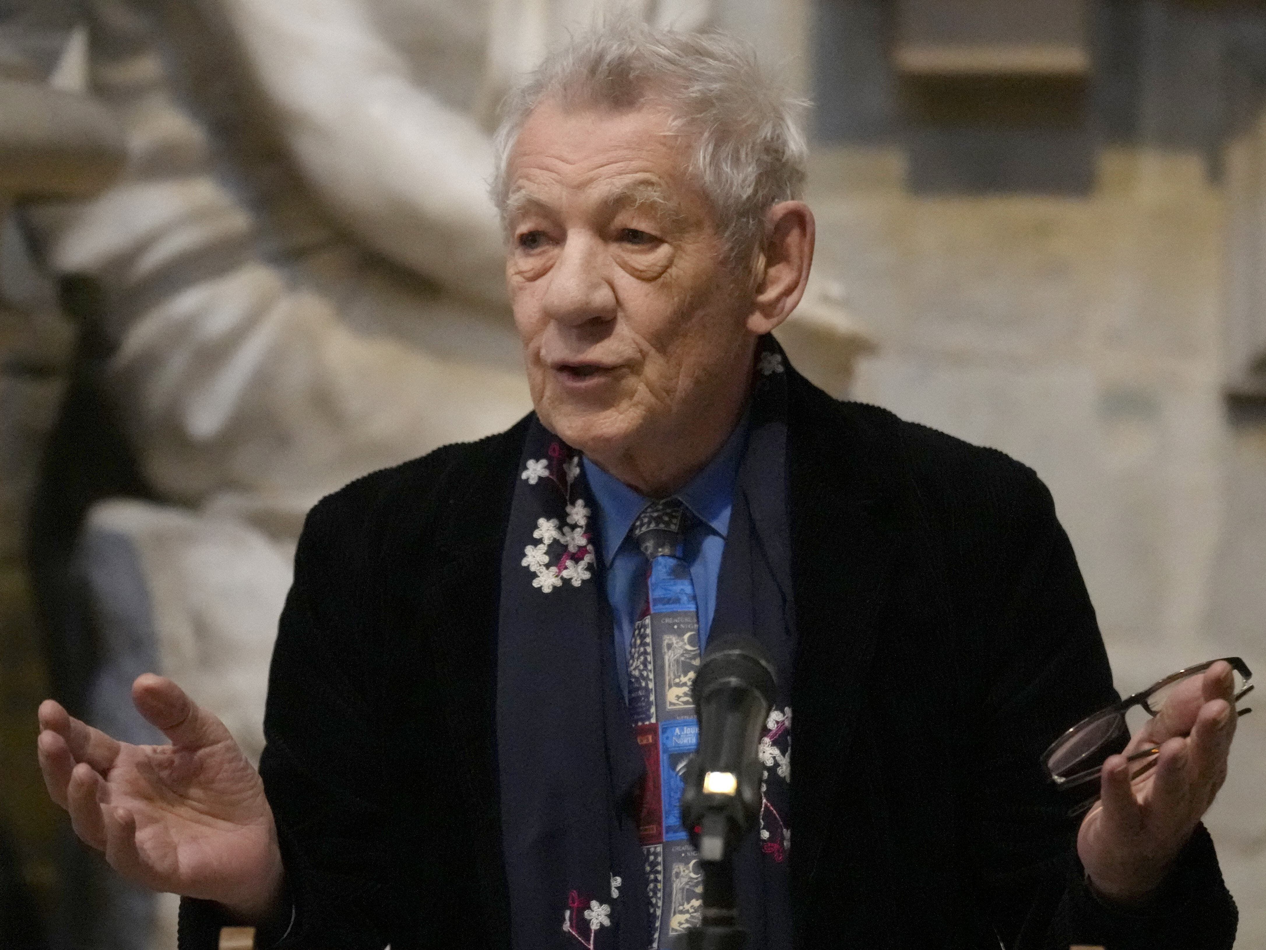 Wrist and neck injuries ‘on the mend’ after theatre fall, says Sir Ian McKellen