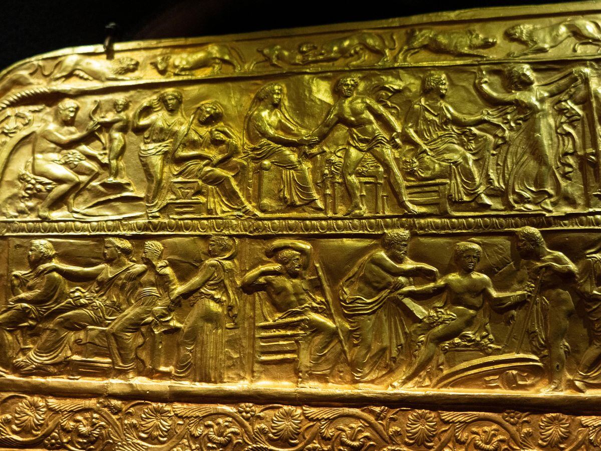 The Museum of Historical Treasures in Kyiv, Ukraine displays a copy of the fourth-century BC golden ritual quiver, an ancient treasure from the tomb of a Scythian king