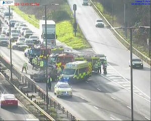 An overturned car has closed the M5 northbound near West Bromwich. Photo: National Highways