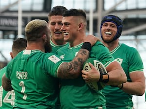 Dan Sheehan, with ball, celebrates scoring Ireland's fourth try in last year's Six Nations win over Italy