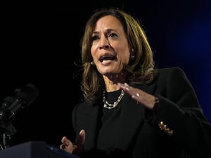 Democratic presidential nominee Vice President Kamala Harris speaks during a campaign rally