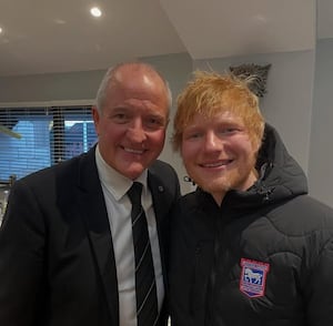 Steve Bull (left) pictured with singer Ed Sheeran (right) at Wolves ground