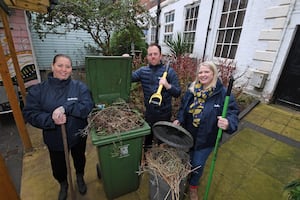 From left: Bellway Sales Advisor Susan Terry-Smith, Sales Manager Rachel Marner, and Assistant Site Manager Anthony Walker volunteered their time at The Hive in Shrewsbury to help spruce up the courtyard garden. Additionally, Bellway contributed £500 towards the organisation's running costs.