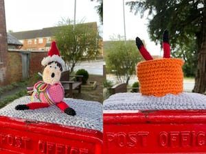 Crocheted elf stuck in various things, for example a chimney