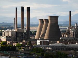 View of the Grangemouth refinery, with several large chimneys visible