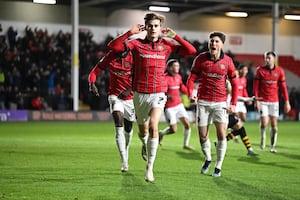 Nathan Lowe celebrates his goal for Walsall against Newport County (Owen Russell)