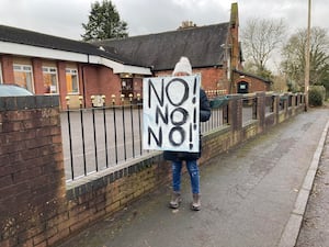 A Villager Voices Her Objection To The Solar Farm Plans Outside Cotes Heath And Standon Village Hall