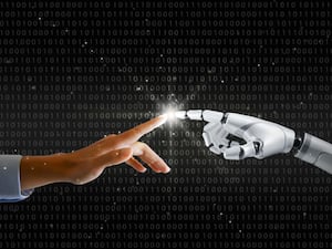 A graphic of a robot hand touching a human hand