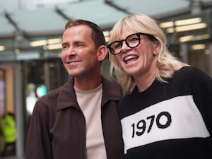 BBC Radio 2 presenters Zoe Ball and Scott Mills leaving Wogan House in central London