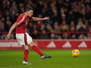 Chris Wood blasts a penalty with his right foot