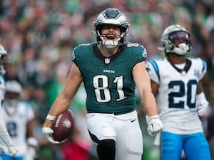 Philadelphia Eagles tight end Grant Calcaterra reacts after scoring a touchdown against the Carolina Panthers