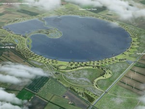 A computer generated image of the Fens reservoir showing the reservoir and landscaping in the wider Cambridgeshire