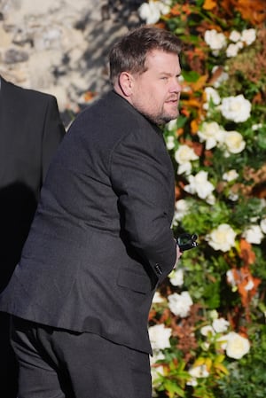 James Corden arrives for the funeral service of One Direction singer Liam Payne at St Mary's Church in Amersham, Buckinghamshire