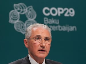 Mukhtar Babaye, Cop29 president, speaking at a news conference