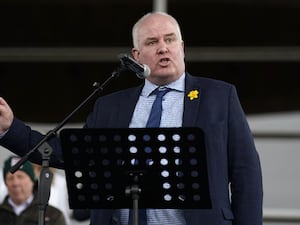 Andrew RT Davies making a speech on the steps of the Senedd