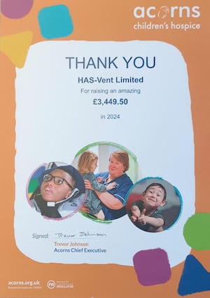 Honoured to receive this certificate from Acorns Children’s Hospice in recognition of our donation