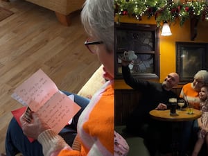 Composite image of a woman reading a letter (left) and the same woman with her son and granddaughter taking a selfie with a polaroid camera