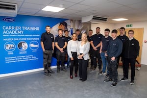 Adele Watson, Carrier Apprenticeship Programme Lead (front right), with a group of Carrier apprentices at the opening of Carrier’s Academy in July 2024.