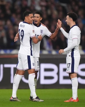 Morgan Rogers congratulates fellow Black Country boy Jude Bellingham after a goal against Greece in November