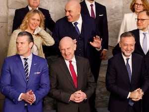 John Healey, centre, with United States secretary of defence Pete Hegseth,