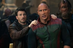 Red One: Chris Evans as Jack O'Malley and Dwayne Johnson as Callum Drift