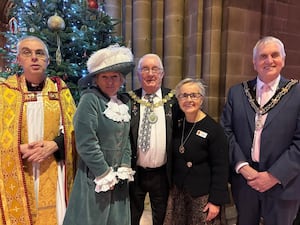 Rev Richard Grigson, Julia Mitchell, High Sheriff of Staffordshire, Councillor Frank James, Mayor of Stafford and Councillor Phil Hewitt, Chair of Staffordshire County Council  with Helen Mancey, Chair of Staffordshire Federation of Women's Institutes
