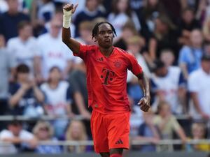 Mathys Tel celebrates a goal for Bayern Munich