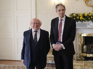 Fine Gael leader Simon Harris at Aras an Uachtarain meeting the President of Ireland Michael D Higgins