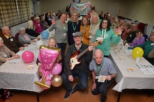 CANNOCK COPYRIGHT NATIONAL WORLD STEVE LEATH 16/01/25Pics at Burntwood Memorial Hall, where Memory group: Magnolia Friends, were celebrating there 1st birthday. Musician: Phil England was there to play with them and next to him at the front is staff and volunteers:  Sue Bevington, Stuart Foy, then behind them: Hayley Lawlor, Sam Frankham, Fran Wilson, Dawn Roberts and boss: Karen Hurmson.