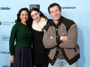 Alia Shawkat, left, Hailey Gates and Callum Turner attend the premiere of Atropia during the Sundance Film Festival at the Eccles Theatre in Park City, Utah