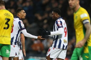 Josh Maja of West Bromwich Albion celebrates after scoring a goal to make it 2-2 with Karlan Grant (Photo by Adam Fradgley/West Bromwich Albion FC via Getty Images)