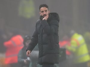 Manchester United manager Ruben Amorim reacts during the defeat against Wolves