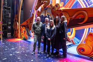 Peter Pan stars Matt Slack (left) and Alison Hammond with Mayor Richard Parker and apprentices Laura Gilbert and Tegan Payne at the Birmingham Hippodrome. PIC: WMCA