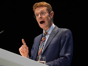 Andy Street, former mayor of the West Midlands, speaking during the Conservative Party conference at the ICC in Birmingham. he has now been knighted