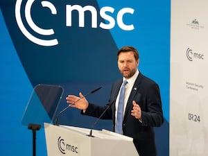 United States vice-president JD Vance addresses the audience during the Munich Security Conference at the Bayerischer Hof Hotel in Munich, Germany