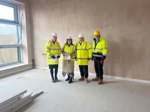 Pictured inside the Stoke-on-Trent and Staffordshire IoT: Georgina Barnard, Vice Principal IoT; Leigh Ingham MP; Craig Hodgson, Principal & Chief Executive NSCG, Carl Riding, Vice Principal NSCG