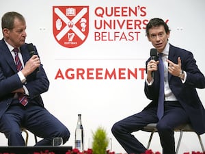 Alastair Campbell and Rory Stewart at Queen's University Belfast