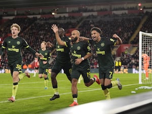 Bryan Mbeumo celebrates with team-mates after scoring against Southampton