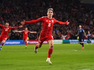 Harry Wilson celebrates scoring for Wales