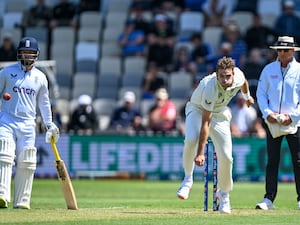 New England’s Ben Duckett, left, watches as Tim Southee of New Zealand bowlsEngland Cricket