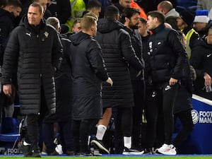 Brighton manager Fabian Hurzeler, far right, and Southampton boss Russell Martin exchange words at full-time