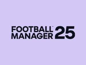 The Football Manager 25 logo on a light purple background