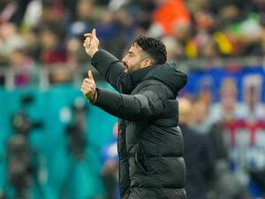 Manchester United head coach Ruben Amorim gestures on the touchline